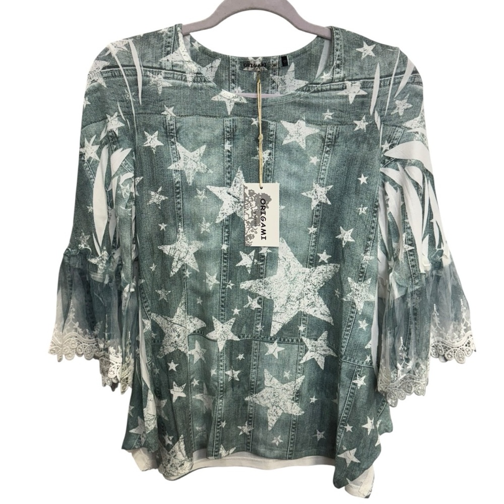 Boho‎ Origami Chic Starry Lace Sleeve Flowy Blouse Size S